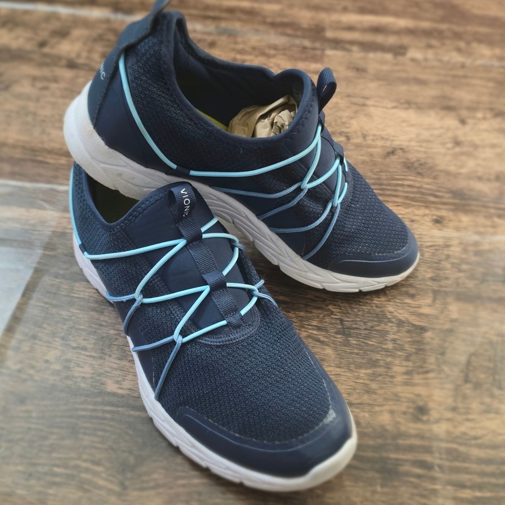 VIONIC Jada Sneakers Women 10 Navy Blue Slip On Mesh Bungee Walking Shoes